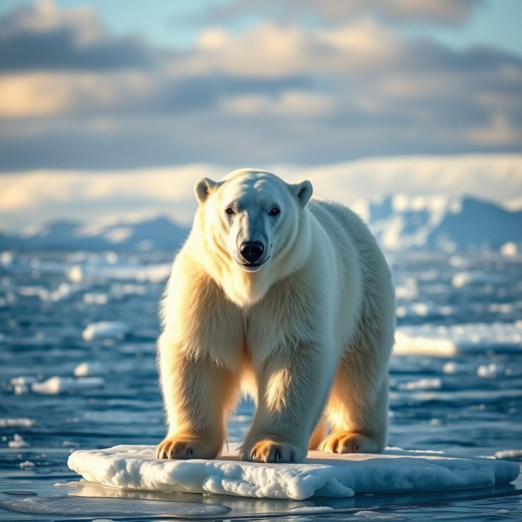 A majestic polar bear standing on an ice floe in the Arctic, surrounded by icy blue water and distant snowy mountains