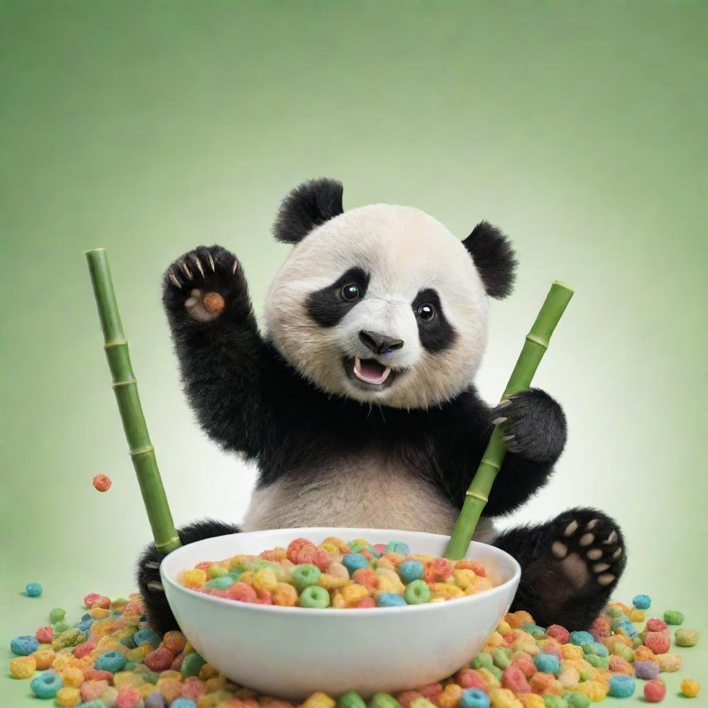 A cute, cartoonish panda reaching towards the viewer, aiming to eat an overflowing bowl of green, striped bamboo-shaped cereal loops. This vibrant and engaging scene is designed to be the eye-catching cover of a cereal box.