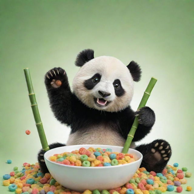 A cute, cartoonish panda reaching towards the viewer, aiming to eat an overflowing bowl of green, striped bamboo-shaped cereal loops. This vibrant and engaging scene is designed to be the eye-catching cover of a cereal box.