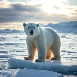 A majestic polar bear standing on an ice floe in the Arctic, surrounded by icy blue water and distant snowy mountains