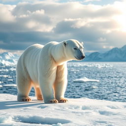 A majestic polar bear standing on an ice floe in the Arctic, surrounded by icy blue water and distant snowy mountains