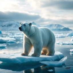 A majestic polar bear standing on an ice floe in the Arctic, surrounded by icy blue water and distant snowy mountains