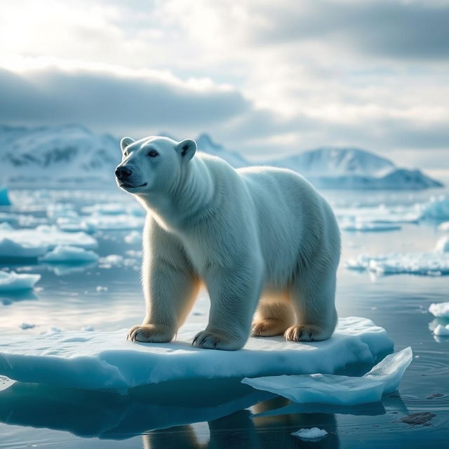 A majestic polar bear standing on an ice floe in the Arctic, surrounded by icy blue water and distant snowy mountains