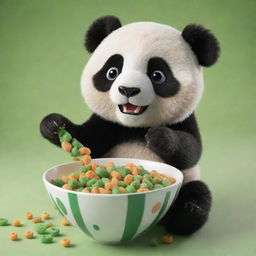 A cute, cartoonish panda reaching towards the viewer, aiming to eat an overflowing bowl of green, striped bamboo-shaped cereal loops. This vibrant and engaging scene is designed to be the eye-catching cover of a cereal box.