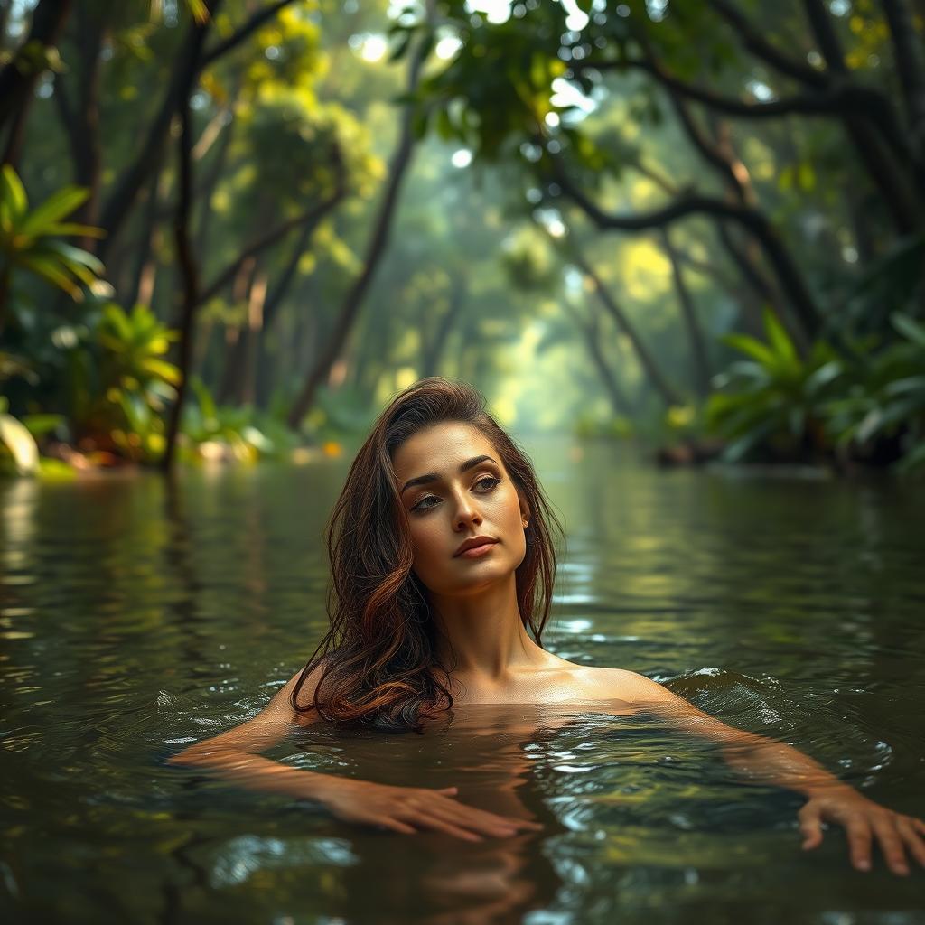 A beautiful woman bathing in the Amazon River in the morning, surrounded by abundant vegetation and dense forest