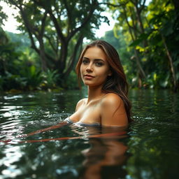 A beautiful woman bathing in the Amazon River in the morning, surrounded by abundant vegetation and dense forest