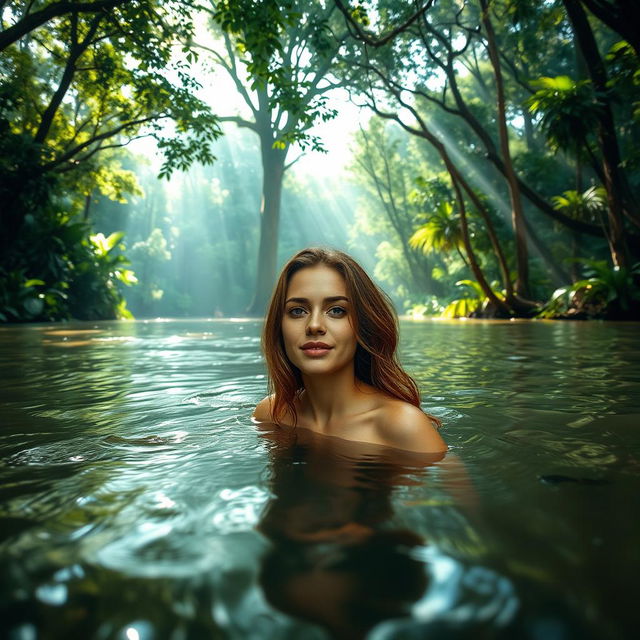 A beautiful woman bathing in the Amazon River in the morning, surrounded by abundant vegetation and dense forest