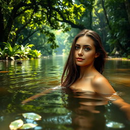 A beautiful woman bathing in the Amazon River in the morning, surrounded by abundant vegetation and dense forest