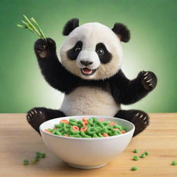 A cute, cartoonish panda reaching towards the viewer, aiming to eat an overflowing bowl of green, striped bamboo-shaped cereal loops. This vibrant and engaging scene is designed to be the eye-catching cover of a cereal box.