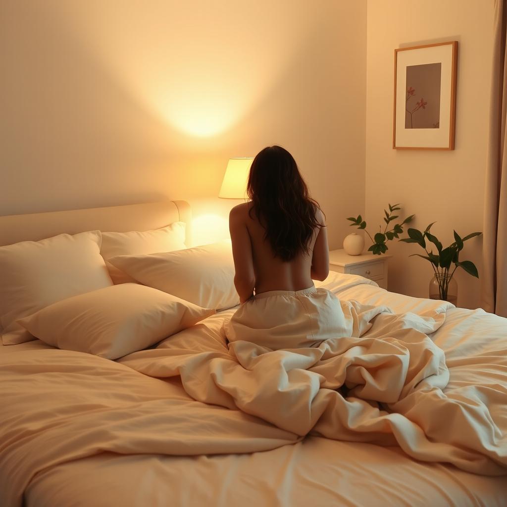 A person kneeling on a bed, surrounded by soft pillows and a cozy blanket, in a warmly lit bedroom