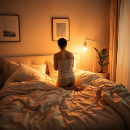 A person kneeling on a bed, surrounded by soft pillows and a cozy blanket, in a warmly lit bedroom