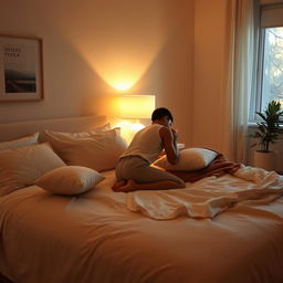 A person kneeling on a bed, surrounded by soft pillows and a cozy blanket, in a warmly lit bedroom