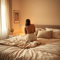 A person kneeling on a bed, surrounded by soft pillows and a cozy blanket, in a warmly lit bedroom