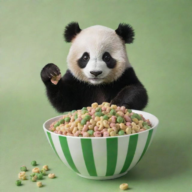 An endearing panda in the foreground reaching out for a generously filled bowl of green, bamboo-like striped cereal loops. Intended for a captivating cereal box cover.