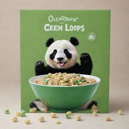 An endearing panda in the foreground reaching out for a generously filled bowl of green, bamboo-like striped cereal loops. Intended for a captivating cereal box cover.