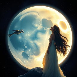 A beautiful woman with flowing hair stands gracefully on the moon, gazing lovingly at the Earth