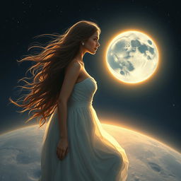 A beautiful woman with flowing hair stands gracefully on the moon, gazing lovingly at the Earth