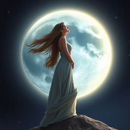 A beautiful woman with flowing hair stands gracefully on the moon, gazing lovingly at the Earth