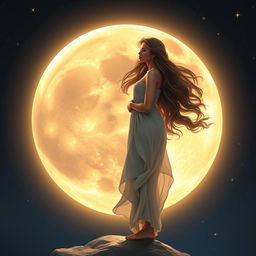 A beautiful woman with flowing hair stands gracefully on the moon, gazing lovingly at the Earth