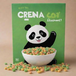 An endearing panda in the foreground reaching out for a generously filled bowl of green, bamboo-like striped cereal loops. Intended for a captivating cereal box cover.