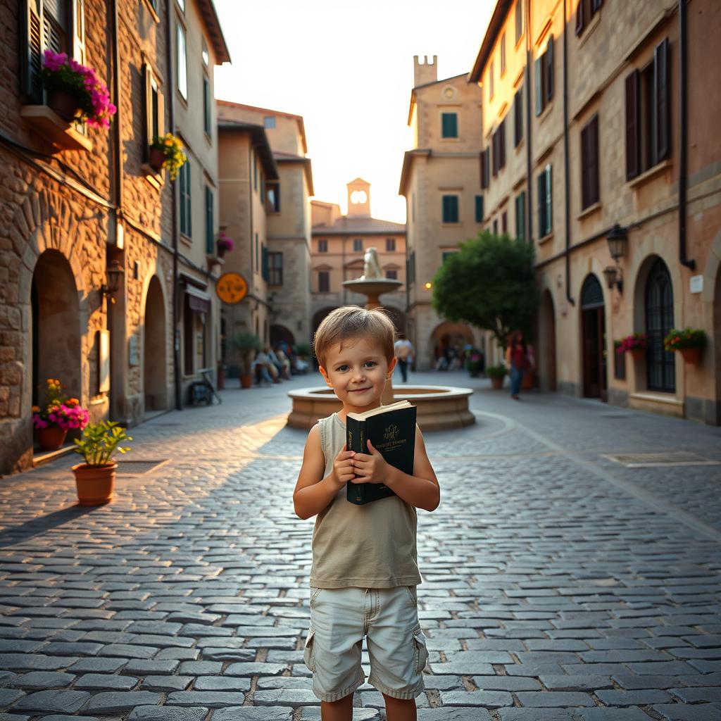 A young boy standing in the middle of a charming Italian town, holding a book