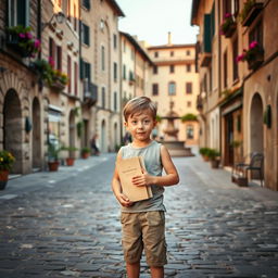 A young boy standing in the middle of a charming Italian town, holding a book