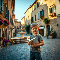 A young boy standing in the middle of a charming Italian town, holding a book