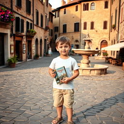 A young boy standing in the middle of a charming Italian town, holding a book