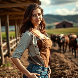 A sensual depiction of a 40-year-old brunette woman with brown hair, embodying the essence of rural life as a farmer