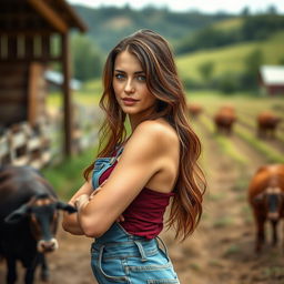 A sensual depiction of a 40-year-old brunette woman with brown hair, embodying the essence of rural life as a farmer