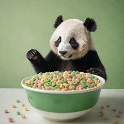 An endearing panda in the foreground reaching out for a generously filled bowl of green, bamboo-like striped cereal loops. Intended for a captivating cereal box cover.