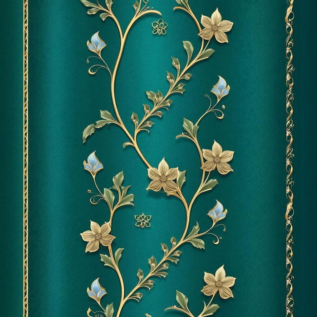 create an elegant Victorian-inspired background with intricate gold flourishes and swirls featuring blue-green leaves instead of flowers