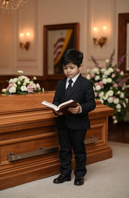 A young boy standing solemnly next to a beautifully crafted wooden coffin, his eyes filled with tears, holding an open book gently in his hands