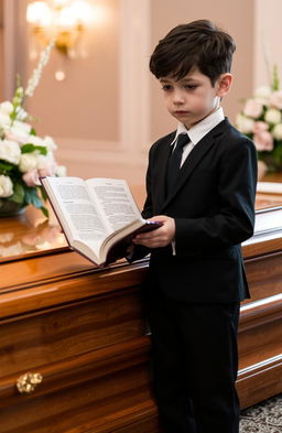 A young boy standing solemnly next to a beautifully crafted wooden coffin, his eyes filled with tears, holding an open book gently in his hands