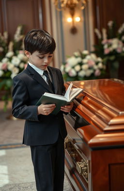 A young boy standing solemnly next to a beautifully crafted wooden coffin, his eyes filled with tears, holding an open book gently in his hands