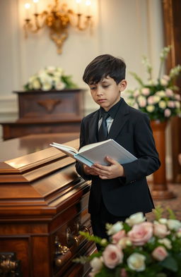 A young boy standing solemnly next to a beautifully crafted wooden coffin, his eyes filled with tears, holding an open book gently in his hands