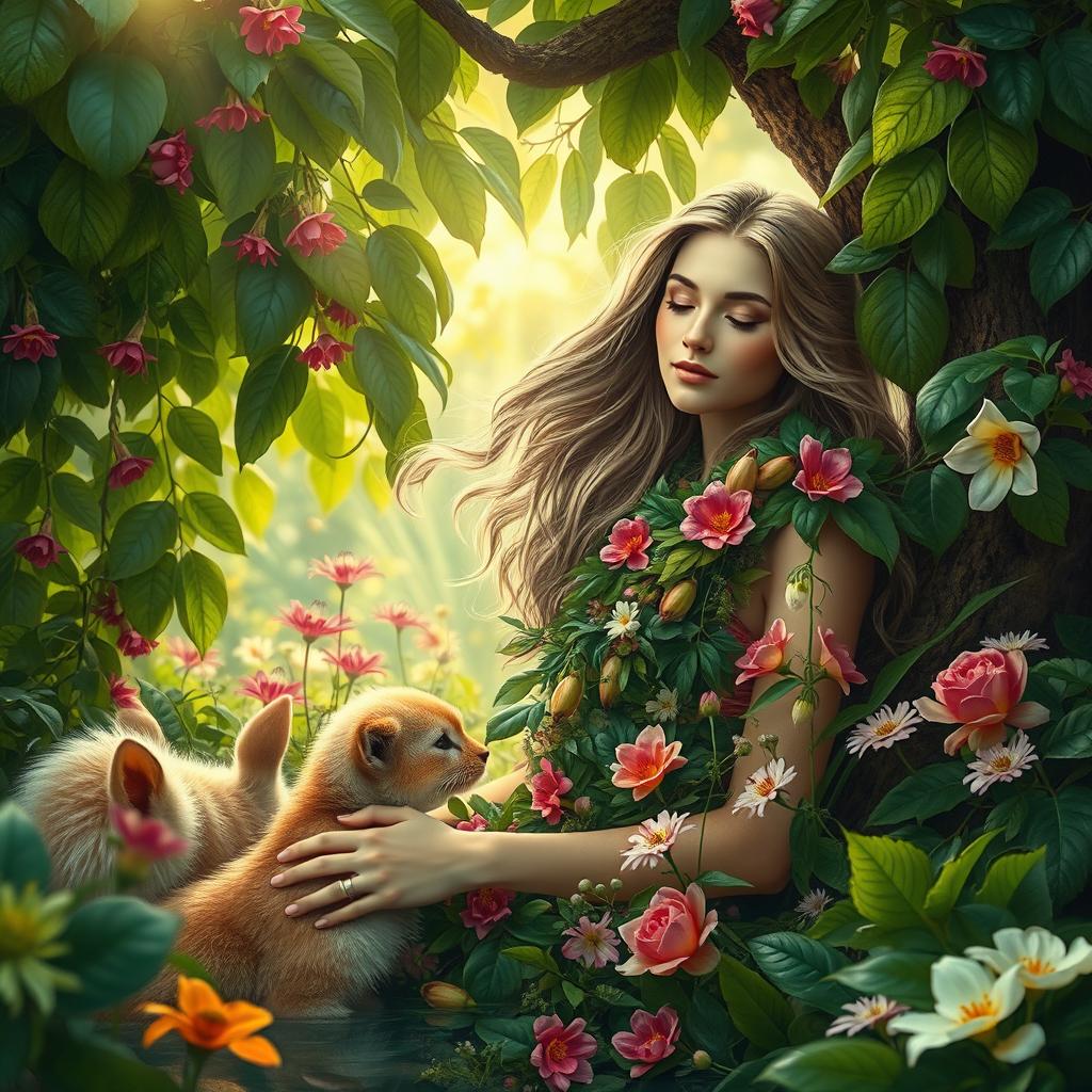 A beautiful woman portrayed as Eve in the serene and lush Garden of Eden, surrounded by vibrant flora and gentle animals, embodying peace, tranquility, and love