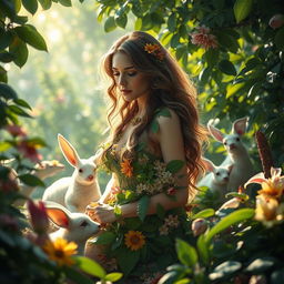 A beautiful woman portrayed as Eve in the serene and lush Garden of Eden, surrounded by vibrant flora and gentle animals, embodying peace, tranquility, and love