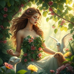 A beautiful woman portrayed as Eve in the serene and lush Garden of Eden, surrounded by vibrant flora and gentle animals, embodying peace, tranquility, and love