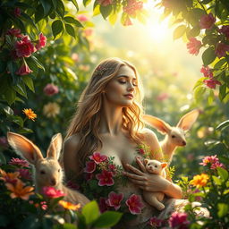 A beautiful woman portrayed as Eve in the serene and lush Garden of Eden, surrounded by vibrant flora and gentle animals, embodying peace, tranquility, and love