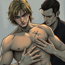 A realistic illustration of a man with shoulder-length hair, not wearing a shirt, proudly displaying a tattoo on his body