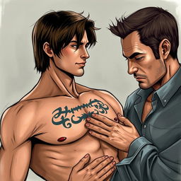 A realistic illustration of a man with shoulder-length hair, not wearing a shirt, proudly displaying a tattoo on his body