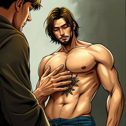 A realistic illustration of a man with shoulder-length hair, not wearing a shirt, proudly displaying a tattoo on his body