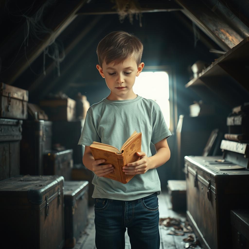 A young boy standing in a dimly lit attic, holding a dusty, timeworn book in his hands