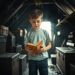 A young boy standing in a dimly lit attic, holding a dusty, timeworn book in his hands