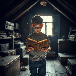 A young boy standing in a dimly lit attic, holding a dusty, timeworn book in his hands