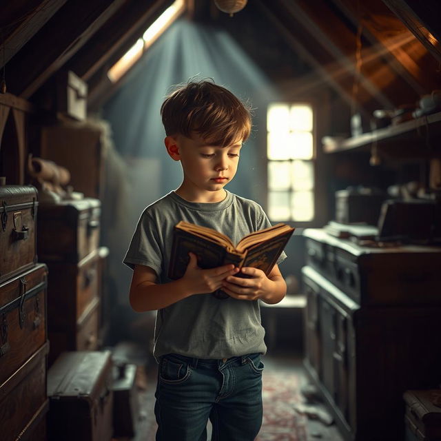 A young boy standing in a dimly lit attic, holding a dusty, timeworn book in his hands