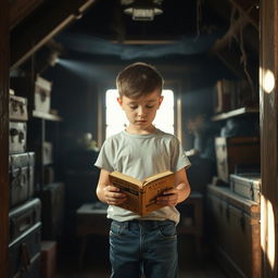 A young boy standing in a dimly lit attic, holding a dusty, timeworn book in his hands