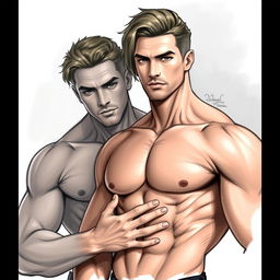 a realistic drawing of a muscular, attractive man with shoulder-length hair, shirtless, and another man with his hand on the first man's stomach