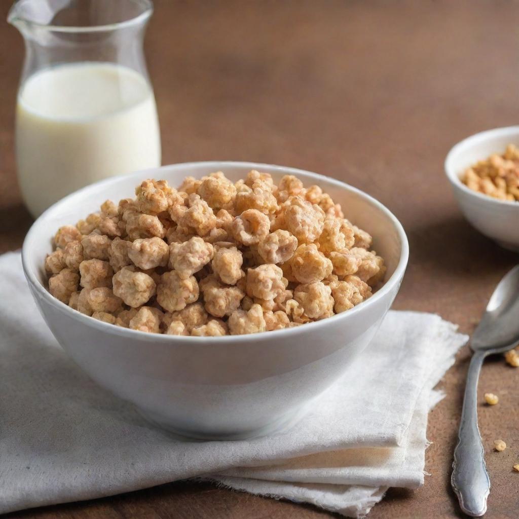 A bowl filled with crunchy protein puff cereal, splashed with fresh milk, on a breakfast table with a spoon and a napkin next to it, in morning sunlight.